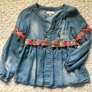 GB girls boho denim embroidered fringe shirt
